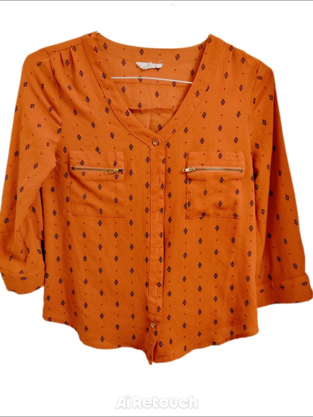 mine Orange V-Neck Button-Front Blouse with Zip Chest Pockets